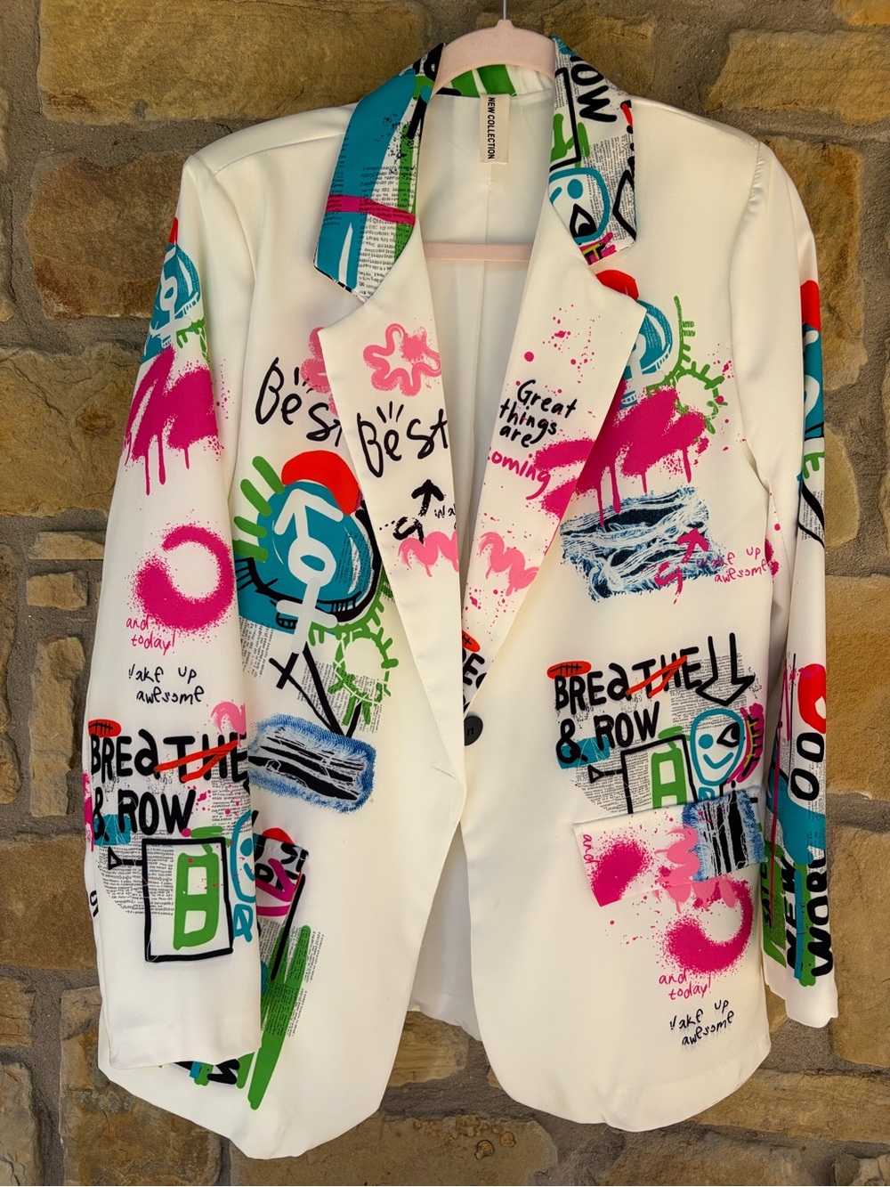 White Graffiti-Print Women's Blazer Jacket